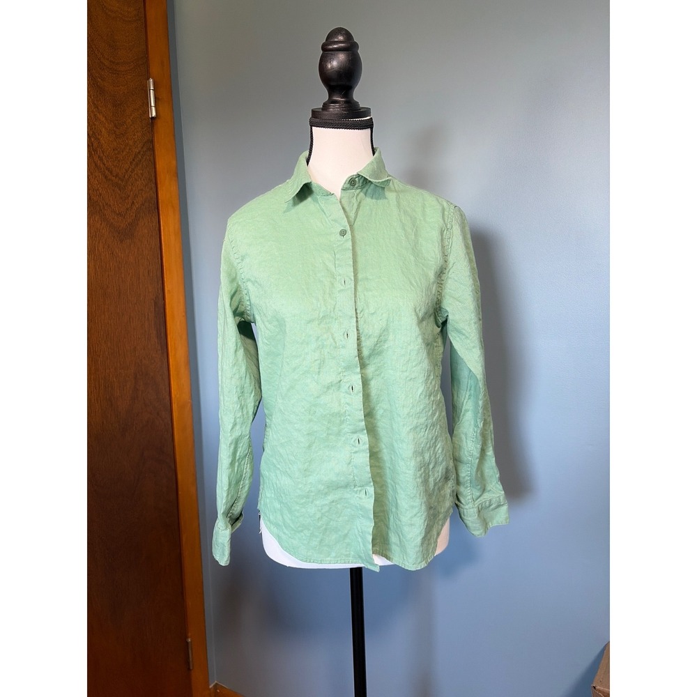 Uniqlo Premium Linen Long Sleeve Button Down Shirt Sage Green Womens Small